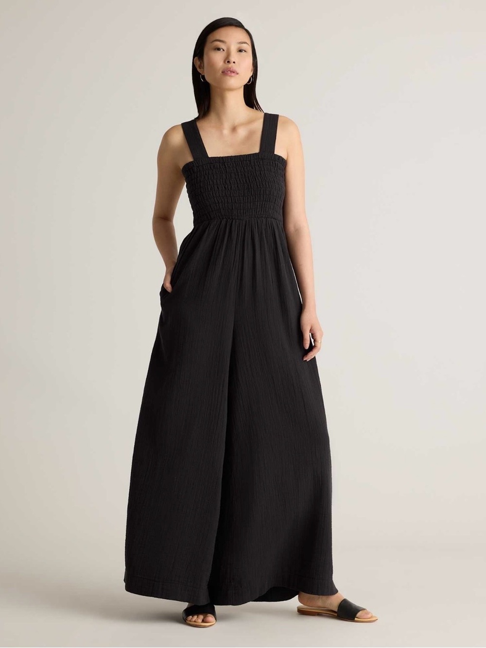 Quince Organic Cotton Gauze Smocked Wide Leg Jumpsuit Black XL